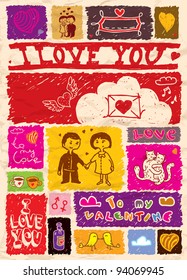 Colorful illustratin with a vector valentine doodles set