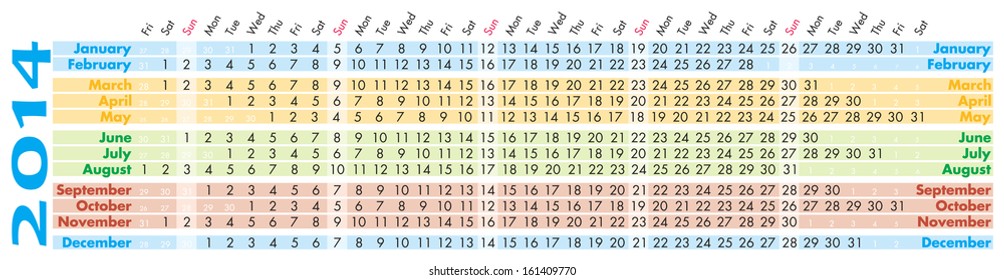 Colorful illustration of 2014 year calendar. Horizontal orientation