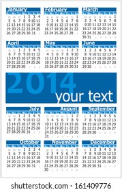 Colorful illustration of 2014 year calendar. Vertical orientation