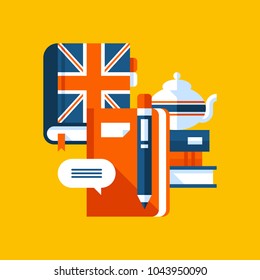 Colorful illustration about English in modern flat style. College subject icon on yellow background. Books, notebook, white teapot.