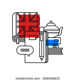 Colorful illustration about English in modern outline style. College subject icon on white background. 