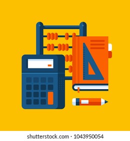 Colorful illustration about mathematics in modern flat style. College subject icon on yellow background. Calculator, book and wooden abacus.