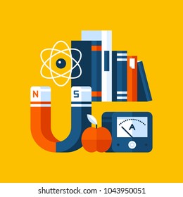 Colorful illustration about physics in modern flat style. College subject icon on yellow background. Big magnet with atomic model, books, apple.