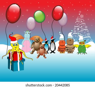 Colorful illustration with abstract Christmas tree, colorful balloons and various animal species celebrating Christmas