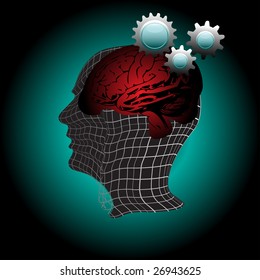 Colorful illustration with abstract human head, brain shape and cog wheels. Gears of the human mind