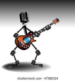 Colorful illustration with abstract humanoid silhouette made from microphones and singing at the electric guitar. Rock star concept