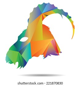 colorful illustration with abstract polygonal silhouette of goat on a white background