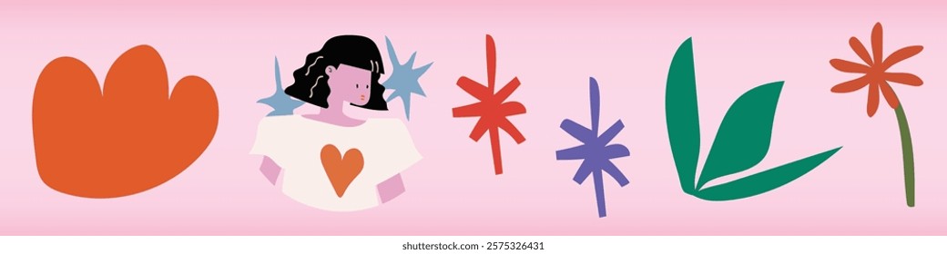 Colorful illustration with abstract shapes, a woman with dark hair, and flowers. Vibrant design with a heart motif and playful elements on a pink background. Isolated vector set.
