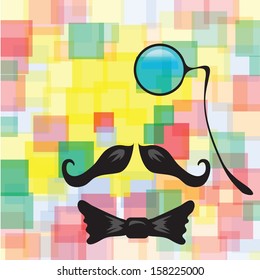 colorful illustration with abstract vintage silhouette of monocle, mustaches and a bow tie  for your design