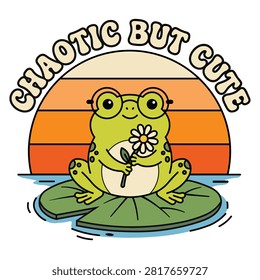 Colorful illustration of an adorable frog with flower on lily pad featuring retro sun background and chaotic but cute typography.