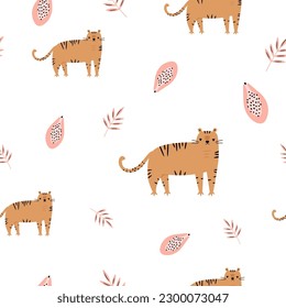 Colorful illustration with adorable tigers and papaya fruits. Design for clothing, kids prints, wrapping paper