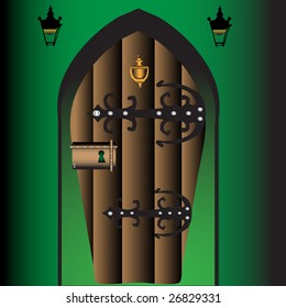 Colorful illustration with ancient wooden door. Secret door