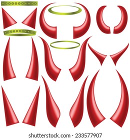 colorful illustration with angels halo and devils horns on white background
