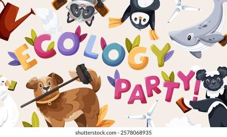 Colorful illustration with animals and birds grouped around the bold colorful text, representing unity and care for the environment, ecology banner, vector illustration on a beige  background