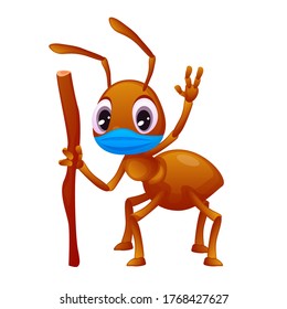 Colorful illustration of an ant in a face mask holding a stick and waving