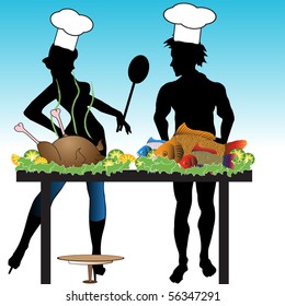 Colorful illustration with an attractive young woman cooking together with a young man. Cooking concept