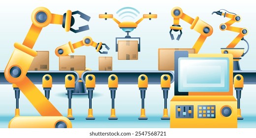 A colorful illustration of an automated warehouse with robotic arms sorting and moving boxes on a conveyor belt.