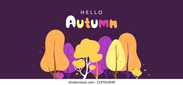 Colorful illustration with autumn forest and falling leaves in simple style. Autumn background with golden trees and place for text. Ideal for banner design, social media, promo, poster, etc.