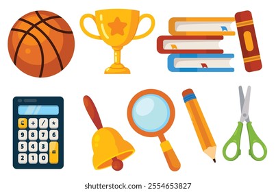 Colorful illustration of back to school items.  Includes books, sports equipment, and learning tools.