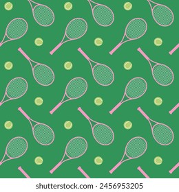 A colorful illustration background design on a green background with a pink tennis racket and tennis ball concept.