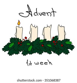 Colorful illustration background with fir branches, mistletoe leaves, berries and Advent candles. Advent first week. Merry Christmas, Advent and Happy New Year. Vector illustration.