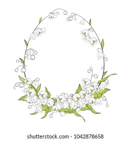 Colorful illustration background, invitation or greeting card template with beautiful Easter lily of the valley wreath. Spring branches. Happy Easter. Vector design.