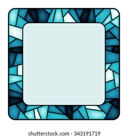 Colorful illustration background, invitation or greeting card template with azure ornament and square frame for the text. Stained glass window mosaic style. Vector design.