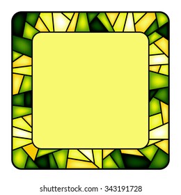 Colorful illustration background, invitation or greeting card template with emerald ornament and square frame for the text. Stained glass window mosaic style. Vector design.