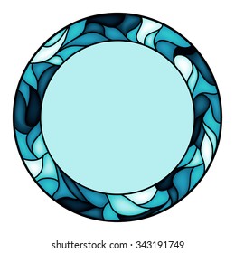 Colorful illustration background, invitation or greeting card template with azure ornament and circle frame for the text. Stained glass window mosaic style. Vector design.