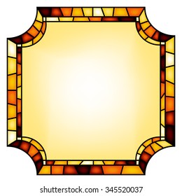 Colorful illustration background, invitation or greeting card template with golden ornament and frame for the text. Stained glass window mosaic style. Vector design.