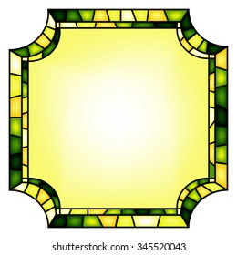 Colorful illustration background, invitation or greeting card template with emerald ornament and frame for the text. Stained glass window mosaic style. Vector design.