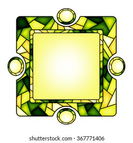 Colorful illustration background, invitation or greeting card template with emerald ornament and square frame for the text. Stained glass window mosaic style. Vector design.