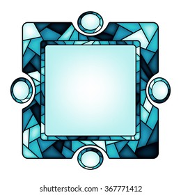 Colorful illustration background, invitation or greeting card template with azure ornament and square frame for the text. Stained glass window mosaic style. Vector design.