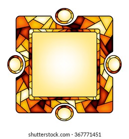 Colorful illustration background, invitation or greeting card template with golden ornament and square frame for the text. Stained glass window mosaic style. Vector design.