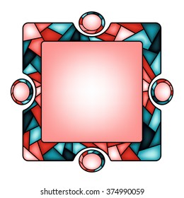 Colorful illustration background, invitation or greeting card template with ornament and square frame for the text. Stained glass window mosaic style. Vector design.