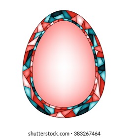 Colorful illustration background, invitation or greeting card template with Easter egg, ornament and frame for the text. Stained glass mosaic style. Happy Easter. Vector design.