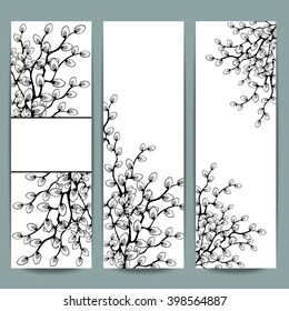 Colorful illustration background, invitation or greeting card template with beautiful pussy-willow spring branches. Happy Easter. Vector design.