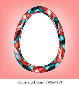 Colorful illustration background, invitation or greeting card template with Easter egg, ornament and frame for the text. Stained glass mosaic style. Happy Easter. Vector design.