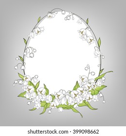 Colorful illustration background, invitation or greeting card template with beautiful Easter egg and lily of the valley wreath. Spring branches. Happy Easter. Vector design.