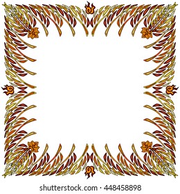 Colorful illustration background, invitation or greeting card template with hand-drawn ethnic floral ornament and square frame for the text. Stained glass window mosaic style. Vector design.