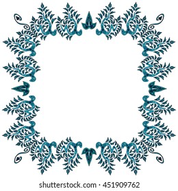 Colorful illustration background, invitation or greeting card template with hand-drawn ethnic floral ornament and square frame for the text. Stained glass window mosaic style. Vector design.