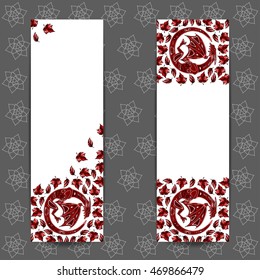 Colorful illustration background, invitation or greeting card template with beautiful hand-drawn red dragons and leaves in ethnic style. Stained glass mosaic ornament. Vector illustration.