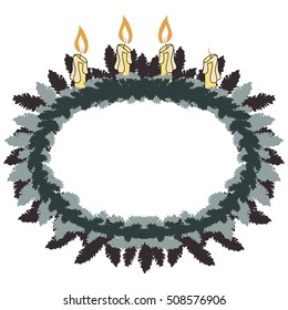 Colorful illustration background, invitation or greeting card template with fir branches and Advent candles. Advent third week. Merry Christmas, Advent and Happy New Year. Vector design.