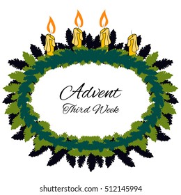 Colorful illustration background, invitation or greeting card template with fir branches and Advent candles. Advent third week. Merry Christmas, Advent and Happy New Year. Vector design.