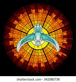 Colorful illustration background of pigeon and sun glow with rays. Stained glass window mosaic style. Vector design.