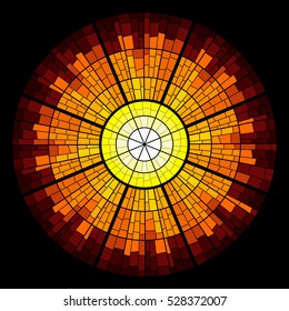 Colorful illustration background of sun glow with rays. Stained glass window mosaic style. Vector design.