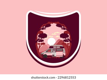 Colorful illustration badge design of campervan in nature