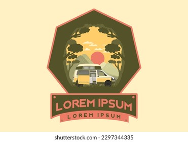 Colorful illustration badge design of campervan in nature