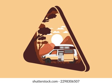 Colorful illustration badge design of campervan in nature