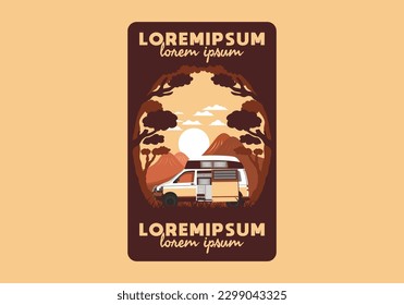 Colorful illustration badge design of campervan in nature